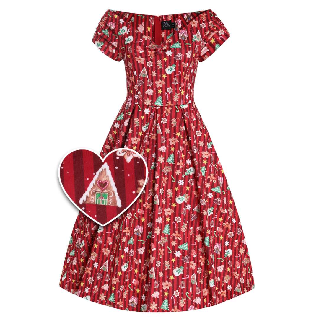 Dolly Dotty Lily Red Christmas Cookie Print Dress Cheribomb Retro