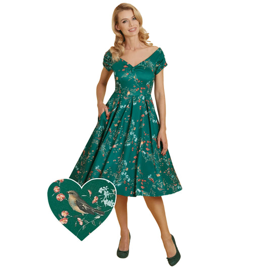 Dolly & Dotty Lily Swing Dress in Green Bird Forest