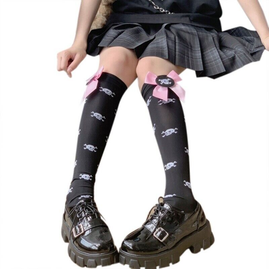 Skull & Bows Knee-High Socks | Gothic Punk Vibes