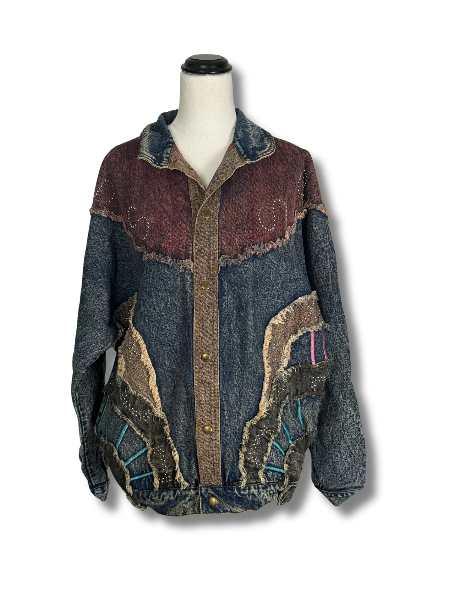 Vintage 1980s Patchwork Denim Jacket with Fringe Detailing