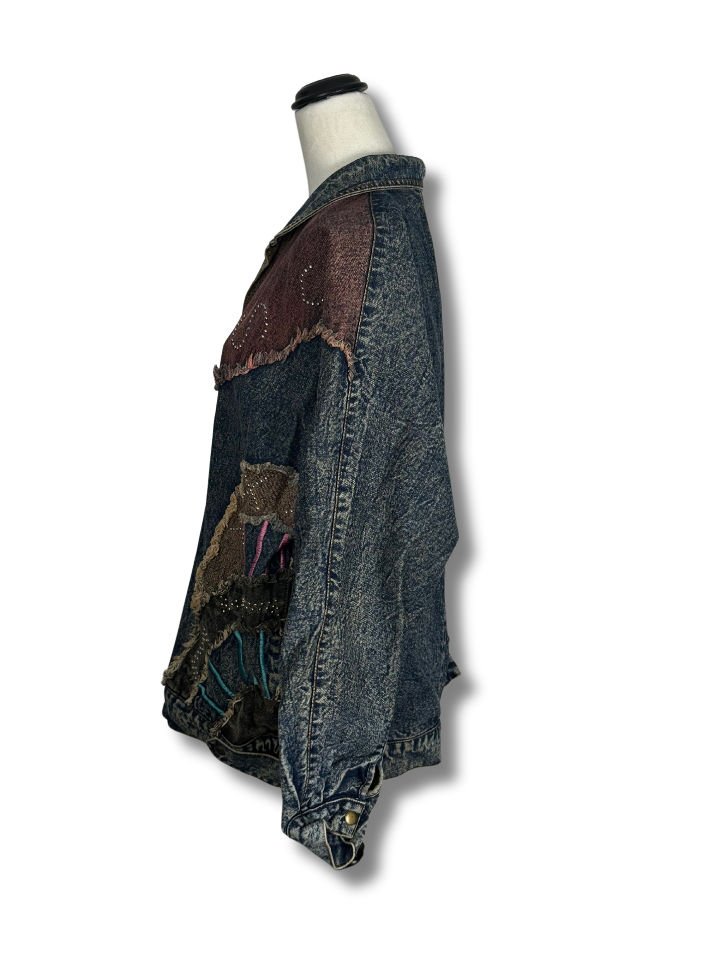 Vintage 1980s Patchwork Denim Jacket with Fringe Detailing