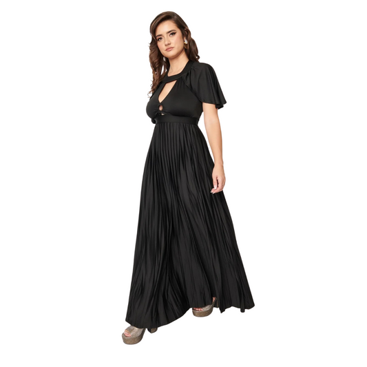 Unique Vintage 1970s Black Pleated Cape Maxi Dress