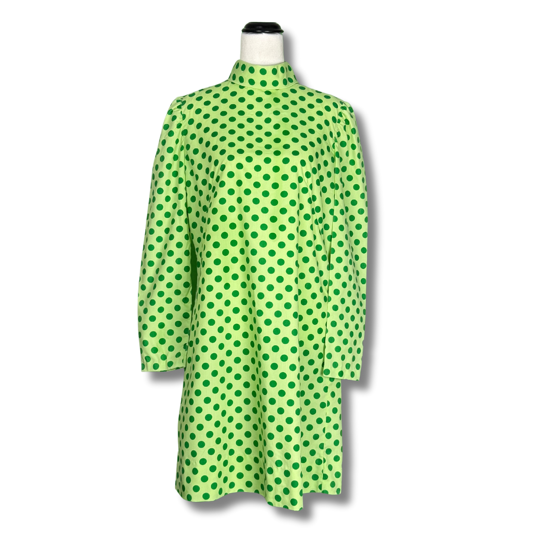 Vintage 1960s Lime Green & Polka Dot High-Neck Mod Dress