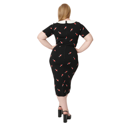 Unique Vintage Pierced Heart Print Renata Pencil Dress