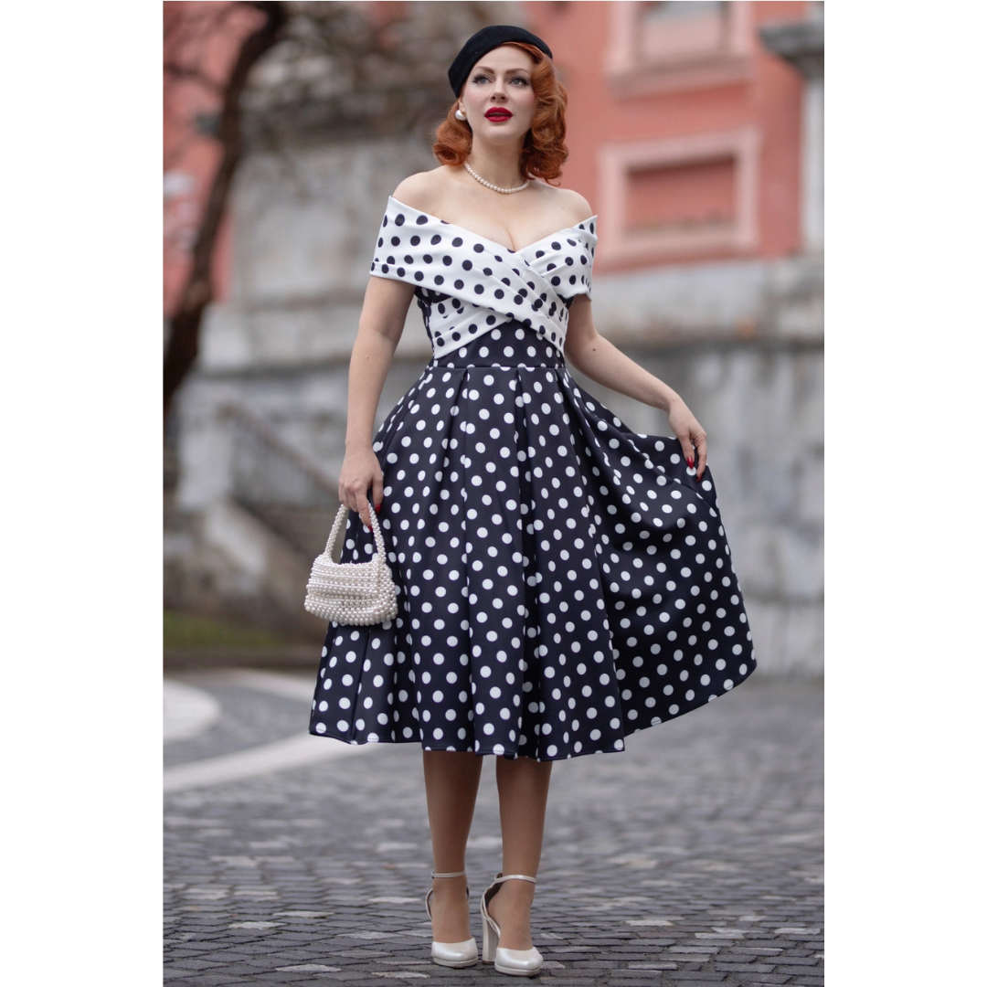 Dolly & Dotty Beverly Black & White Polka Dot Swing Dress - shipping late April