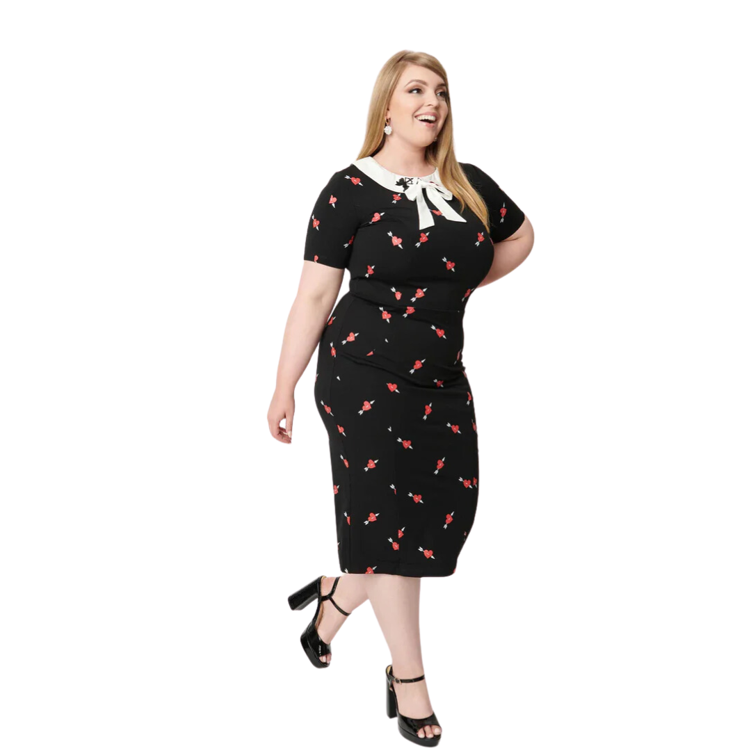 Unique Vintage Pierced Heart Print Renata Pencil Dress