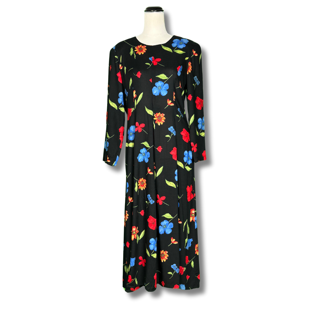 Clues Collection 1970s Black Floral Long Sleeved Maxi Dress