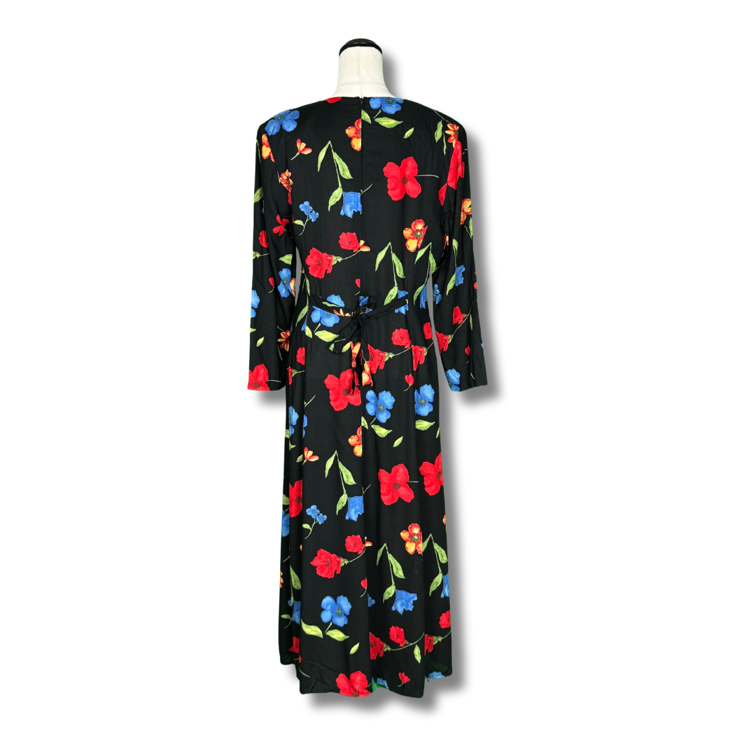 Clues Collection 1970s Black Floral Long Sleeved Maxi Dress