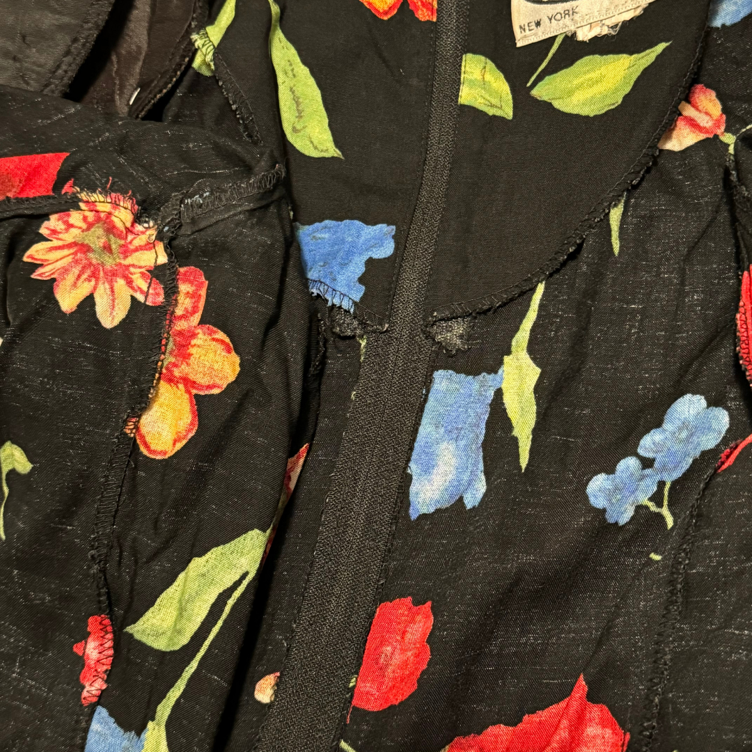 Clues Collection 1970s Black Floral Long Sleeved Maxi Dress