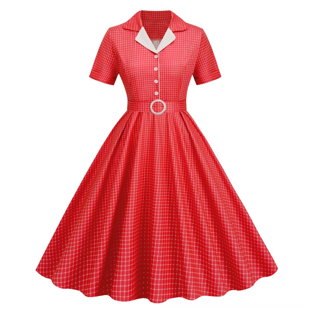 Crimson Spice Diner Dress in Vintage French Plaid