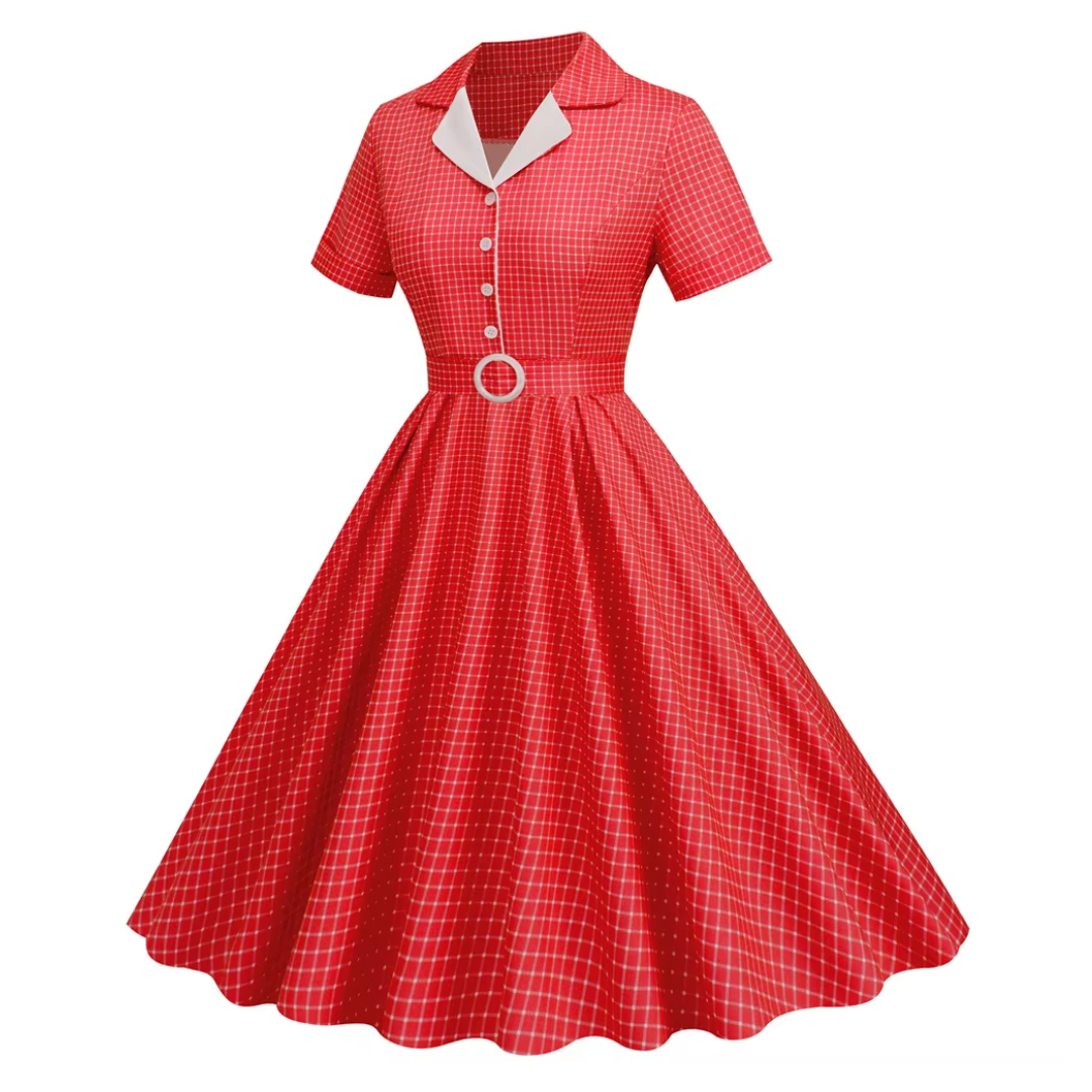 Crimson Spice Diner Dress in Vintage French Plaid