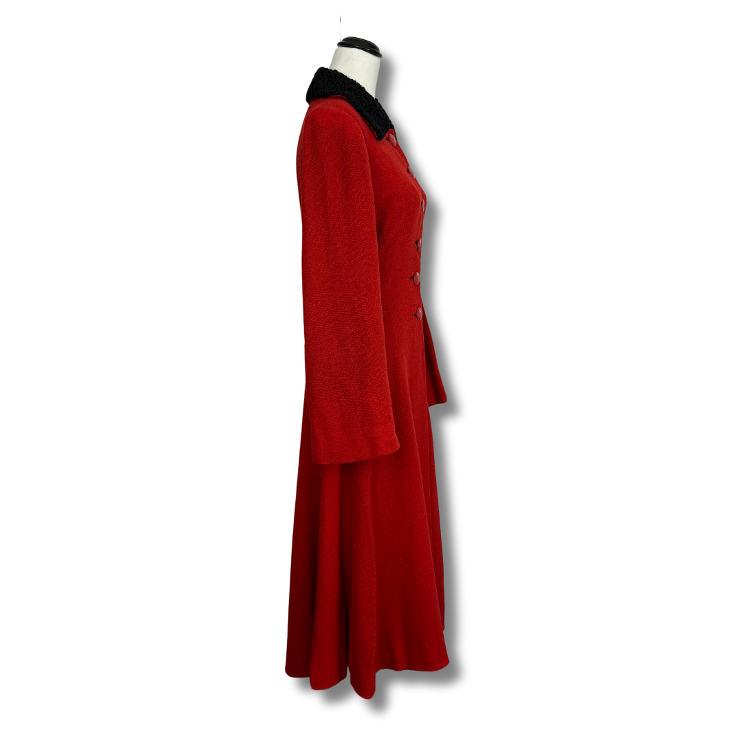 Famous-Barr Co. Vintage 1940s Red Wool Coat with Black Collar