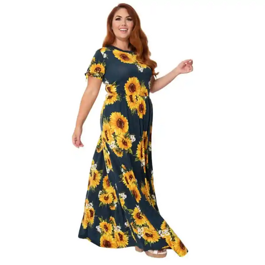 Unique Vintage Navy sunflower Print Mallory Dress