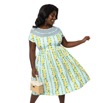 Unique Vintage Mint & Lemon Print Flare Dress