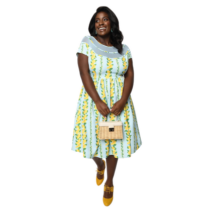 Unique Vintage Mint & Lemon Print Flare Dress