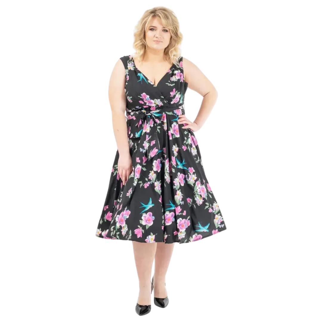 Miss Lavish London Black Floral Rockabilly Dress - Delivery Late November 24