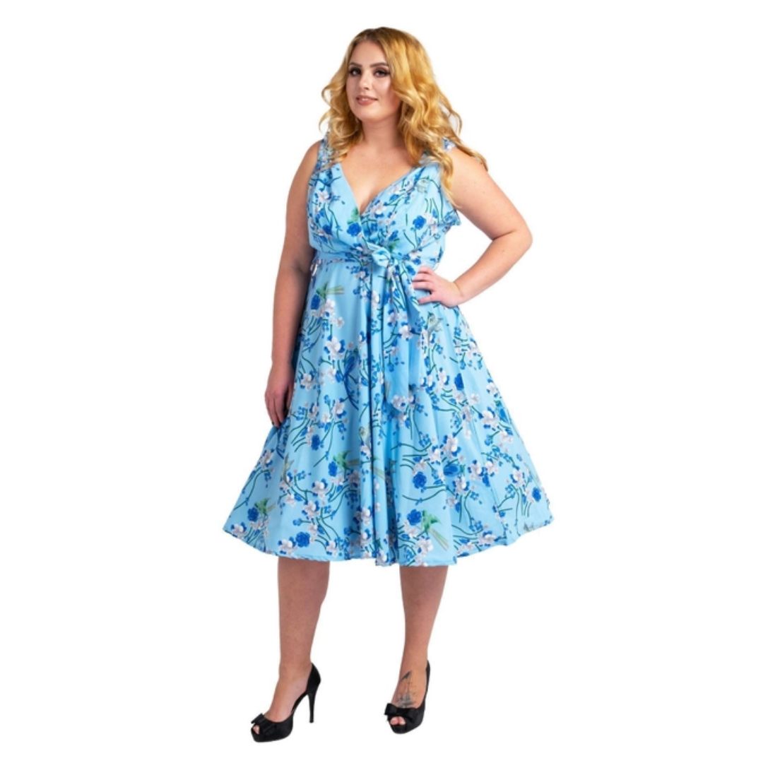 Miss Lavish London Blue Birds Rockabilly Dress - Delivery Late November 24