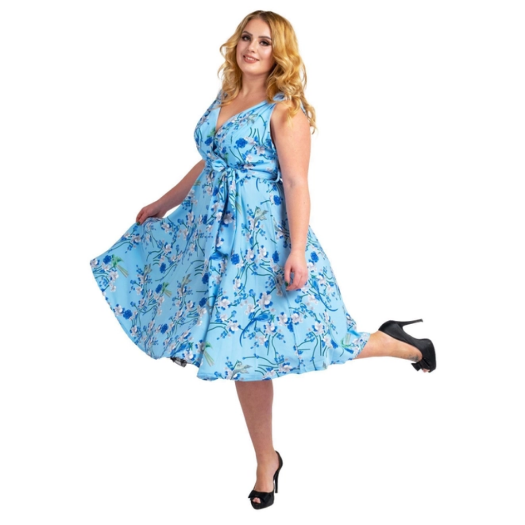 Miss Lavish London Blue Birds Rockabilly Dress - Delivery Late November 24