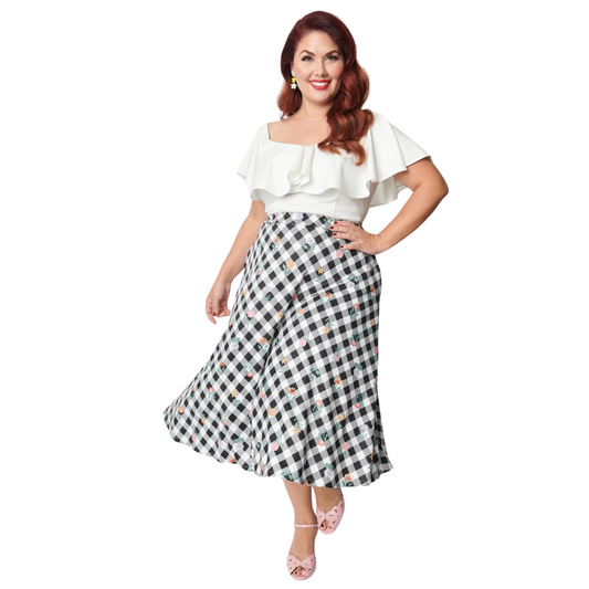 Unique Vintage Black & White Gingham Floral Swing Dress