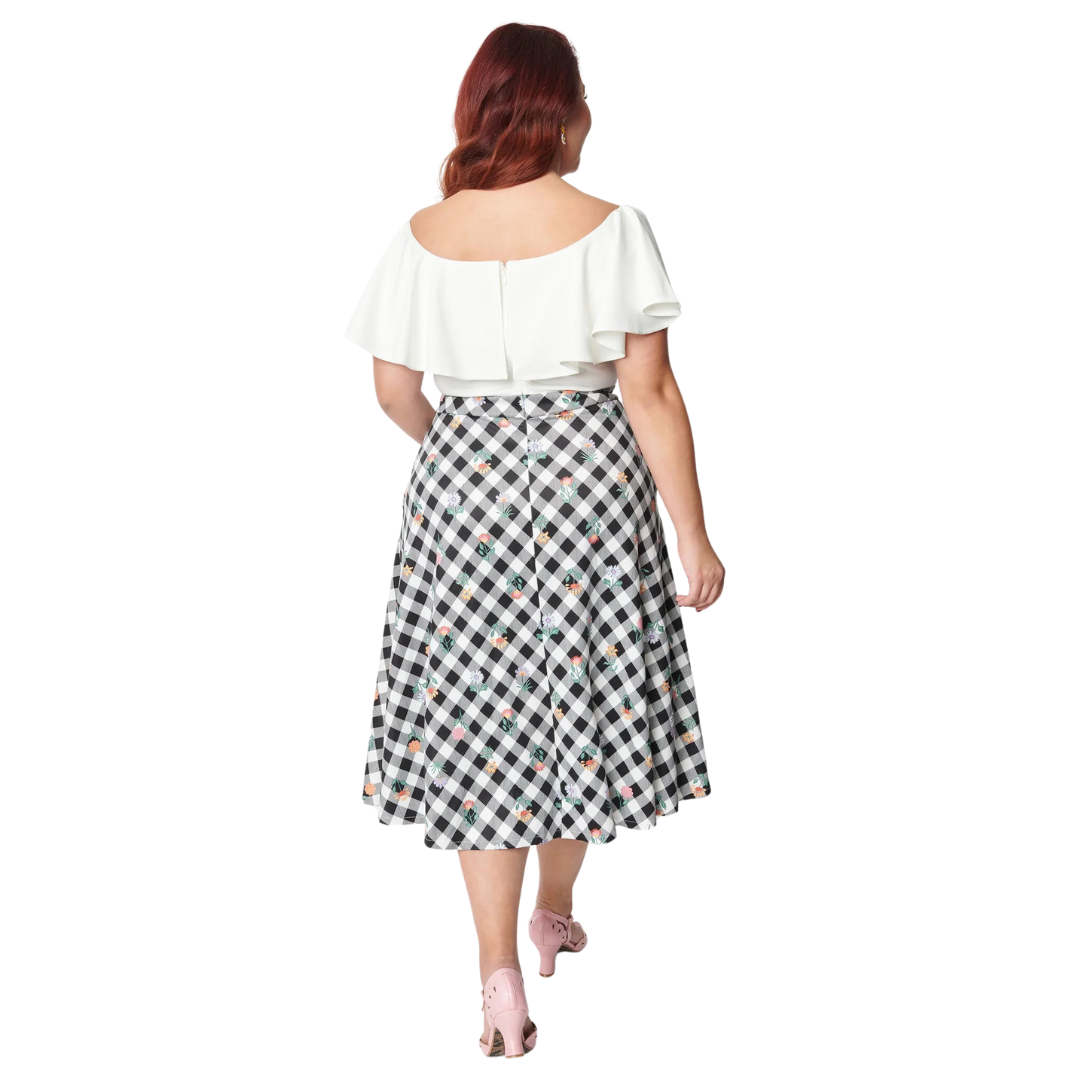 Unique Vintage Black & White Gingham Floral Swing Dress