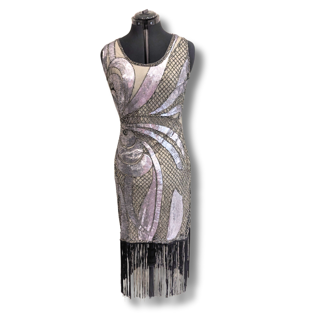 Unique Vintage Silver, Beige & Black Flapper Dress