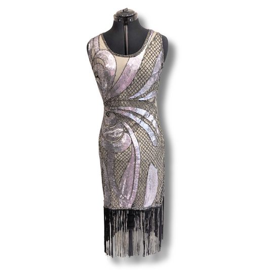 Unique Vintage Silver, Beige & Black Flapper Dress