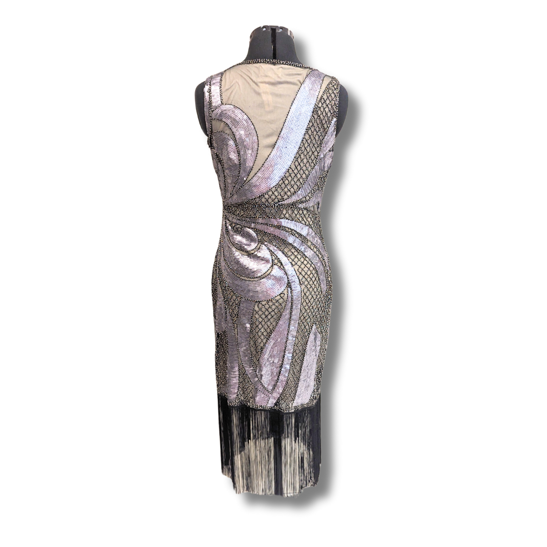 Unique Vintage Silver, Beige & Black Flapper Dress