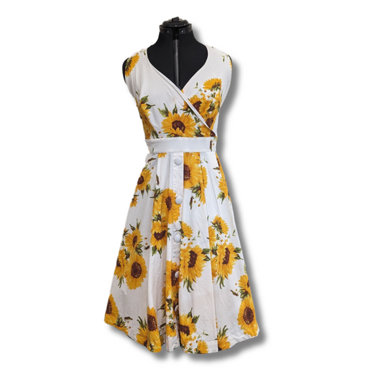 Unique Vintage Tarrytown White Sunflower Dress