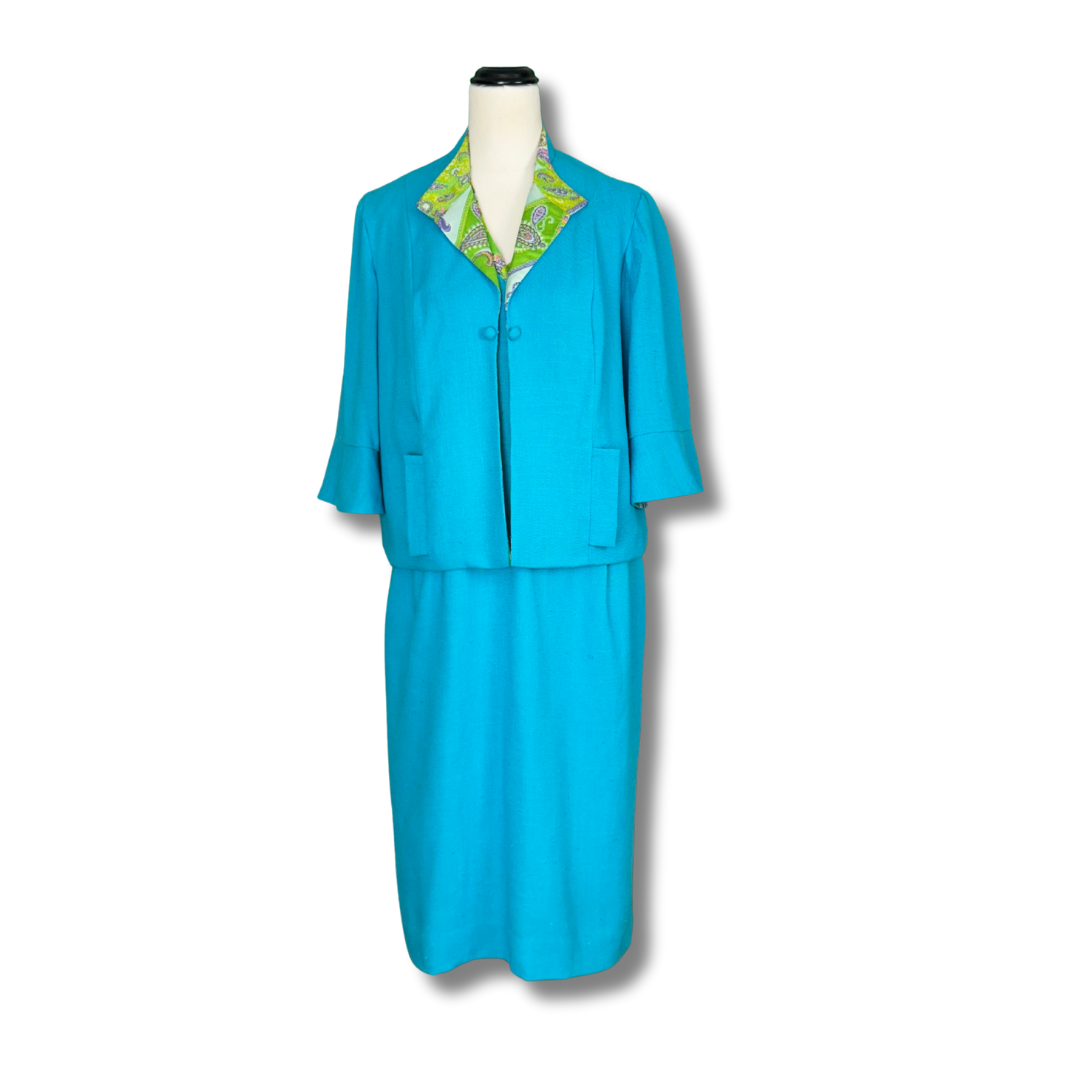 Vintage Late 1960s Turquoise Suit with Paisley Collar