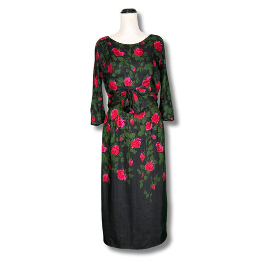 Abe Schrader 1950s Black Silk with Pink Roses Sheath Dress