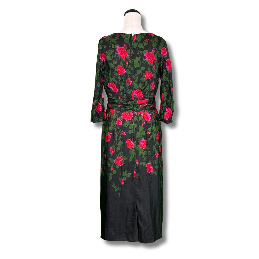 Abe Schrader 1950s Black Silk with Pink Roses Sheath Dress