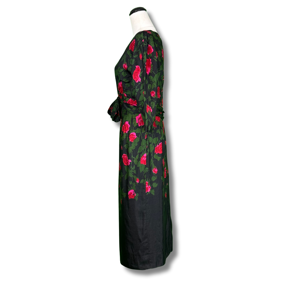 Abe Schrader 1950s Black Silk with Pink Roses Sheath Dress