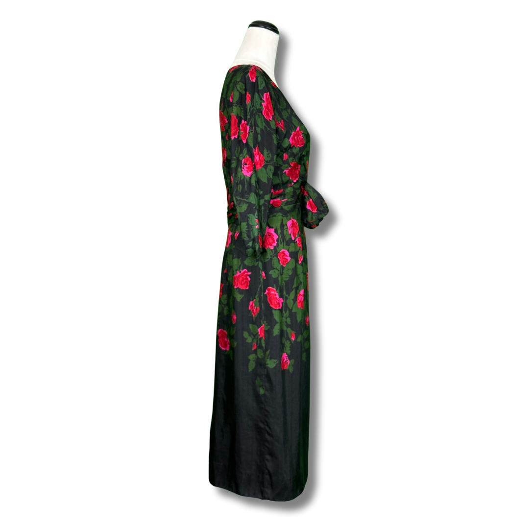 Abe Schrader 1950s Black Silk with Pink Roses Sheath Dress