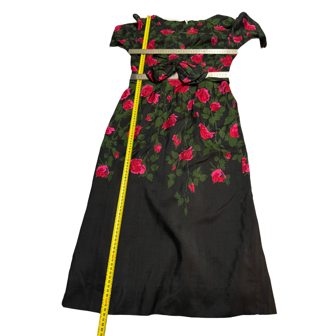 Abe Schrader 1950s Black Silk with Pink Roses Sheath Dress