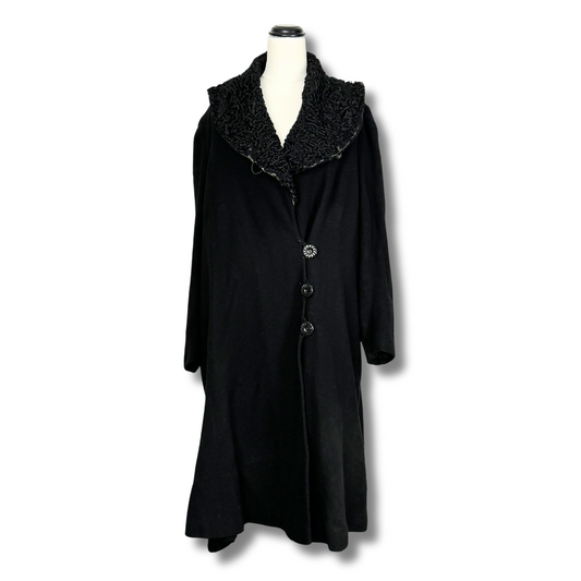 Vintage 1950s Black Wool Coat with Textured Lapel