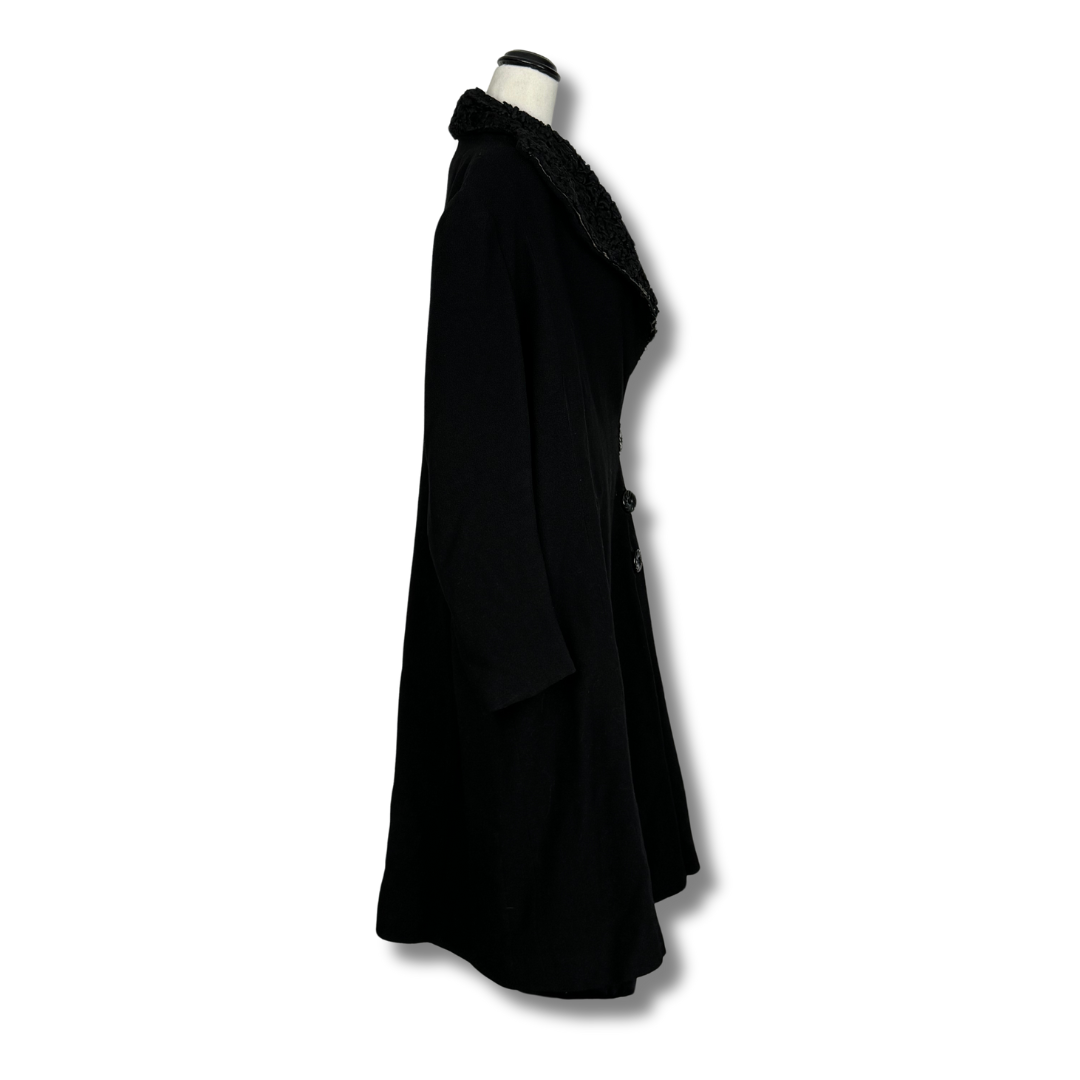 Vintage 1950s Black Wool Coat with Textured Lapel