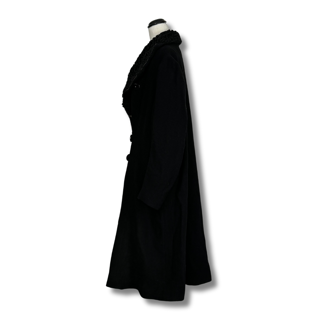 Vintage 1950s Black Wool Coat with Textured Lapel