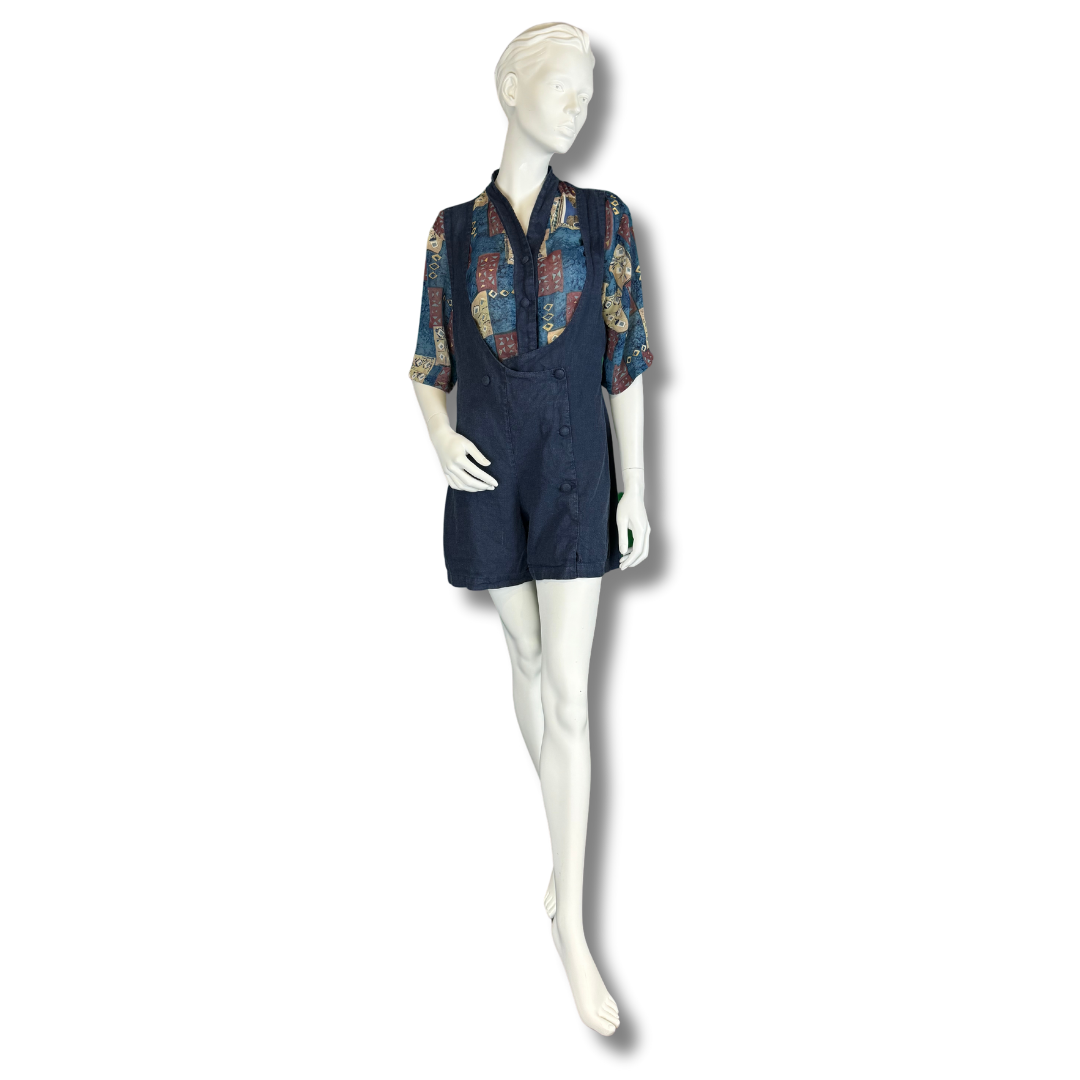 Vintage 1980s Navy Button-Up Playsuit with Patchwork Shirt