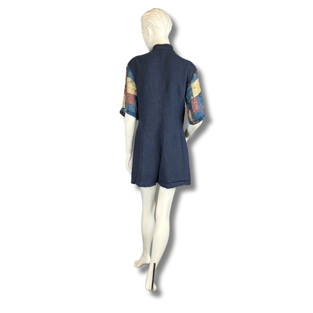 Vintage 1980s Navy Button-Up Playsuit with Patchwork Shirt