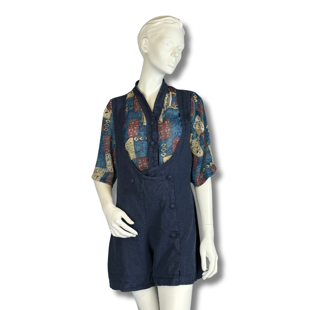 Vintage 1980s Navy Button-Up Playsuit with Patchwork Shirt