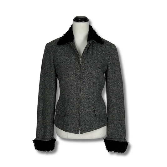 Cue 90s Grey Woollen Jacket with Faux Fur Trim