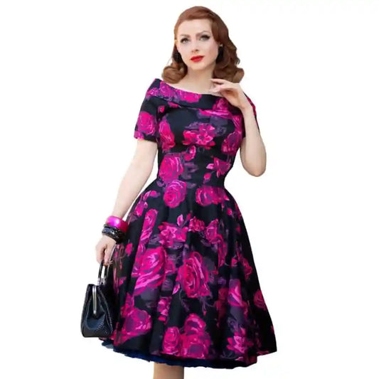 Dolly & Dotty Darlene Dress in Black & Pink Roses