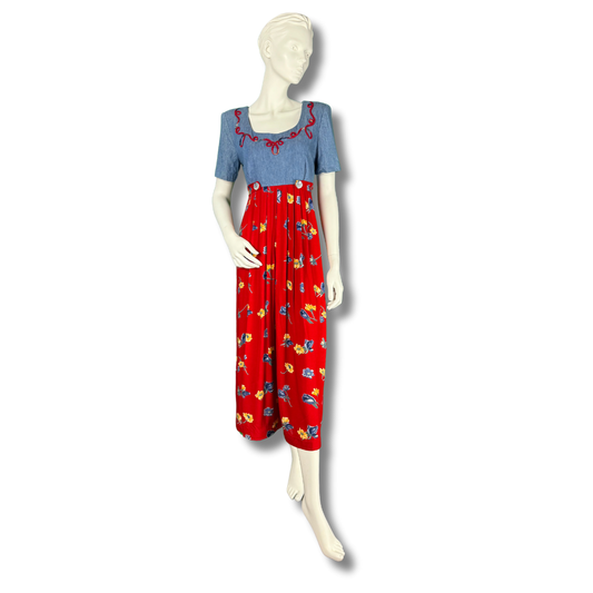 Jeffrey & Dara Vintage 1980s Red Floral Denim Jumpsuit