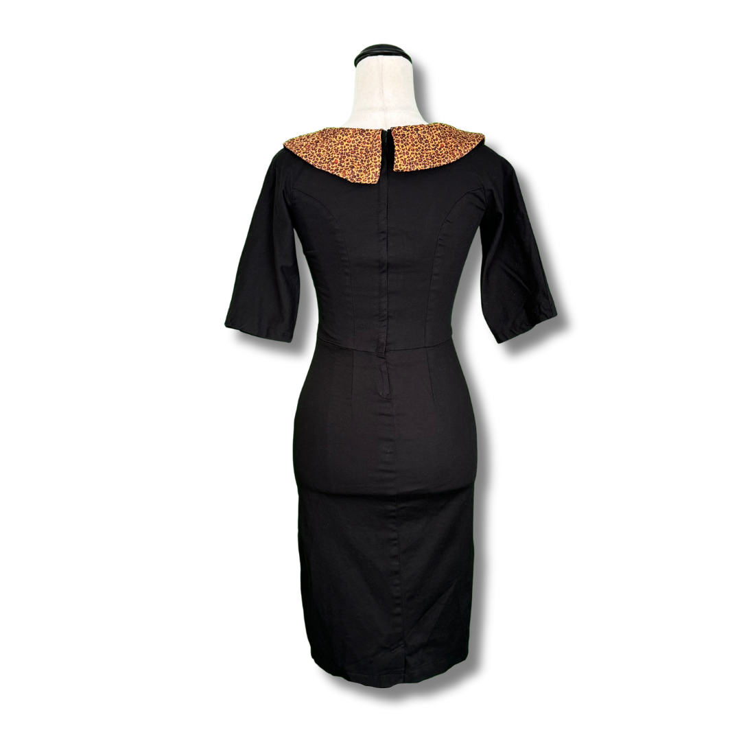 Lindy Bop Deana Pencil Dress in Black with Leopard Collar