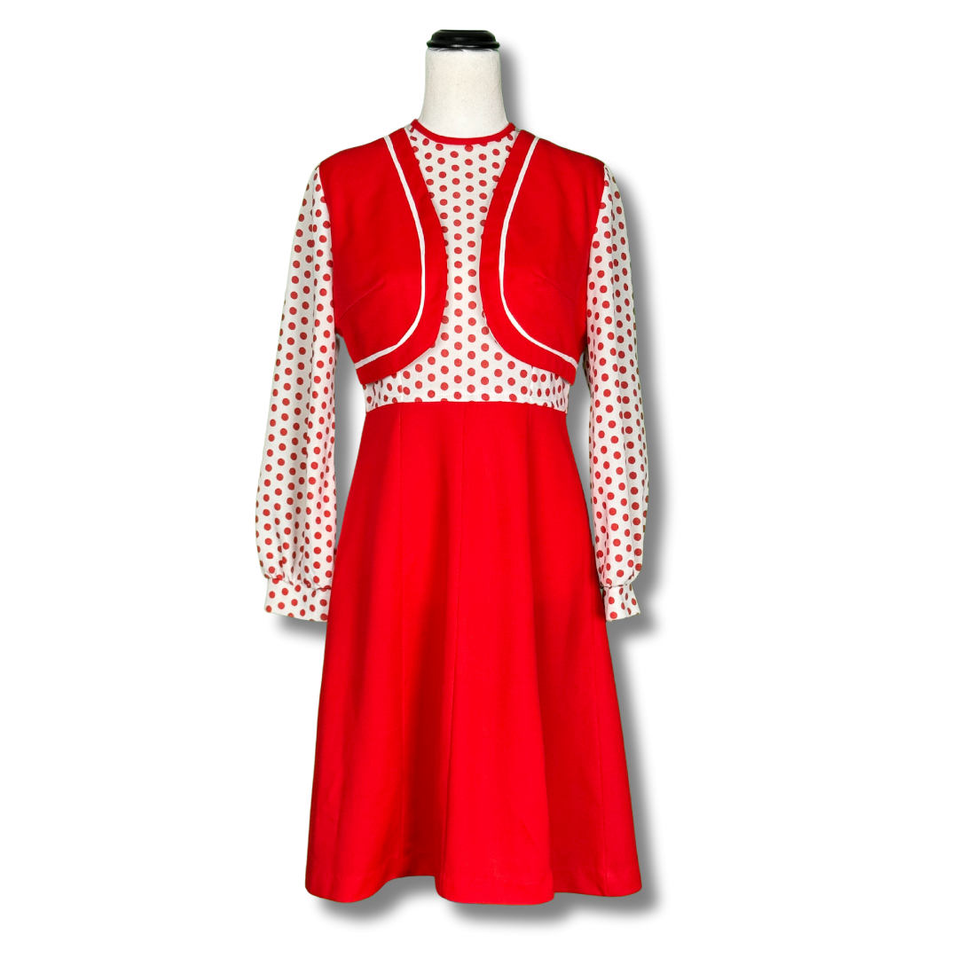 1970s Vintage Red & White dress with built in Bolero