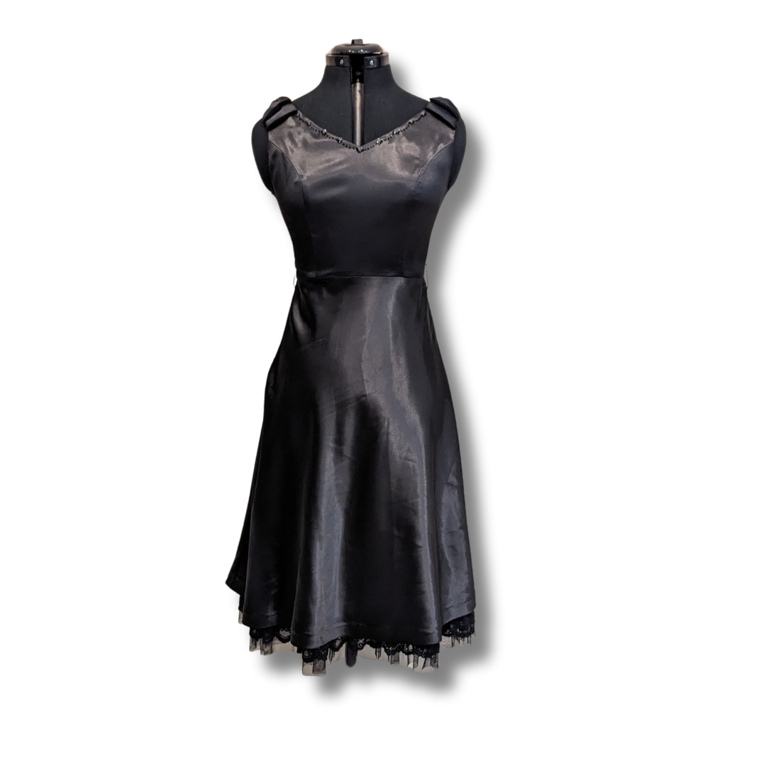 Black Satin 1950s Style Dress with Built-in Petticoat