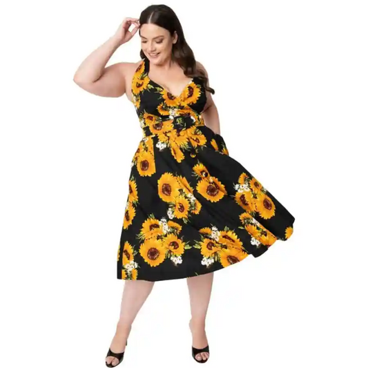 Unique Vintage Black Sunflower Print Tarrytown Dress