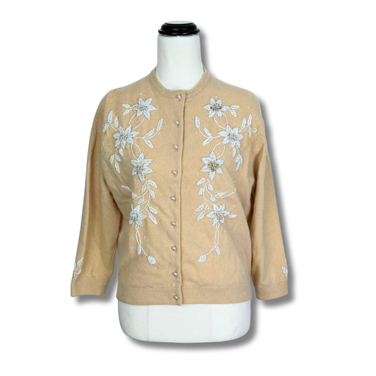 The Island Sweater Shop 1960s Bahamas Beige Embroidered Cardigan